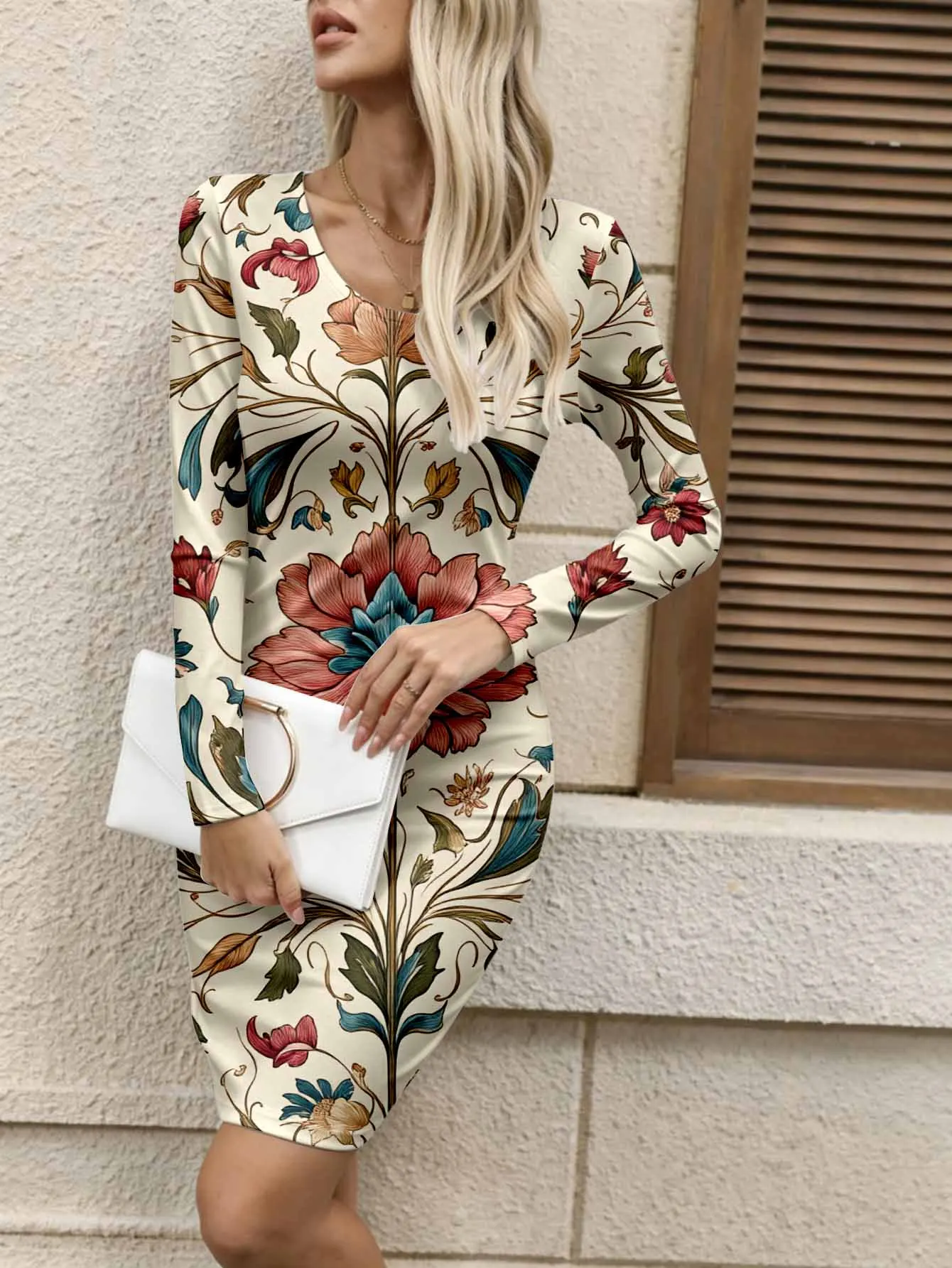 Simple V-neck long sleeved one step skirt with elastic fit for women's daily versatile slim fit dress