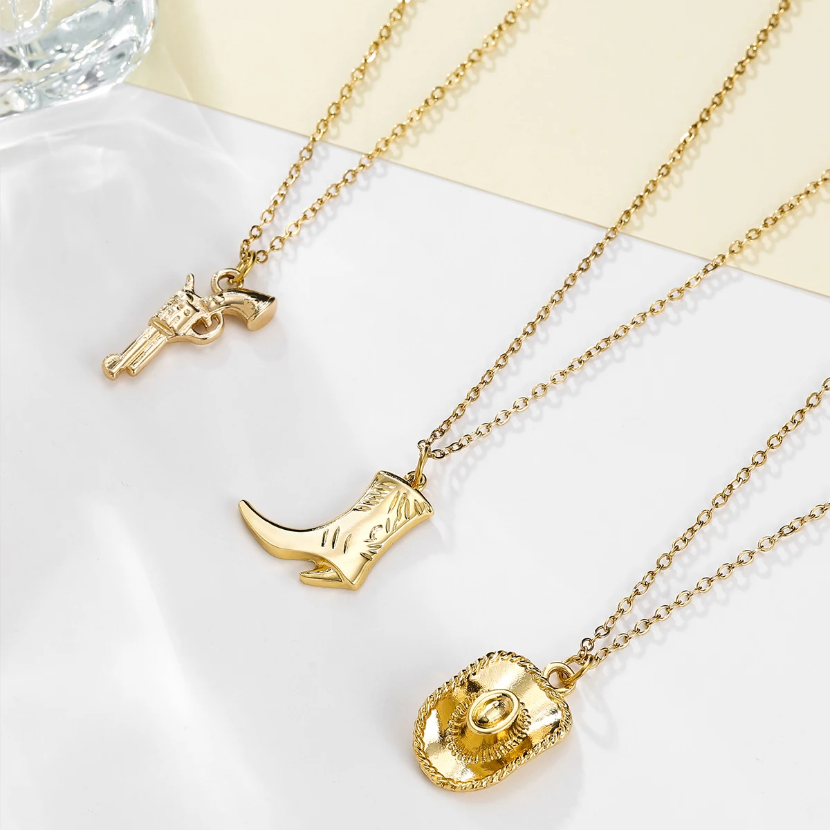 Harong Multilayer Cowboy Cowgirl Necklaces for Women Men Boot Hat Gun Charm Pendant Exquisite Sweatproof Collar Jewelry Gift