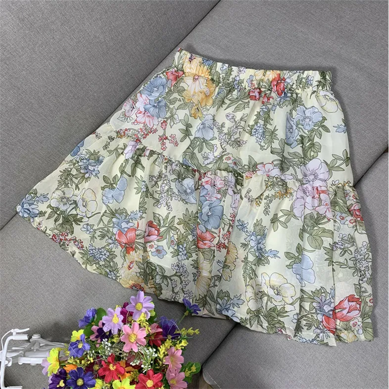 2024 New Women Spring Print chiffon Skirts sweet Boho Pleated ruffled skirts Plus size Korean Flower party skirts M-5XL 6XL 7XL