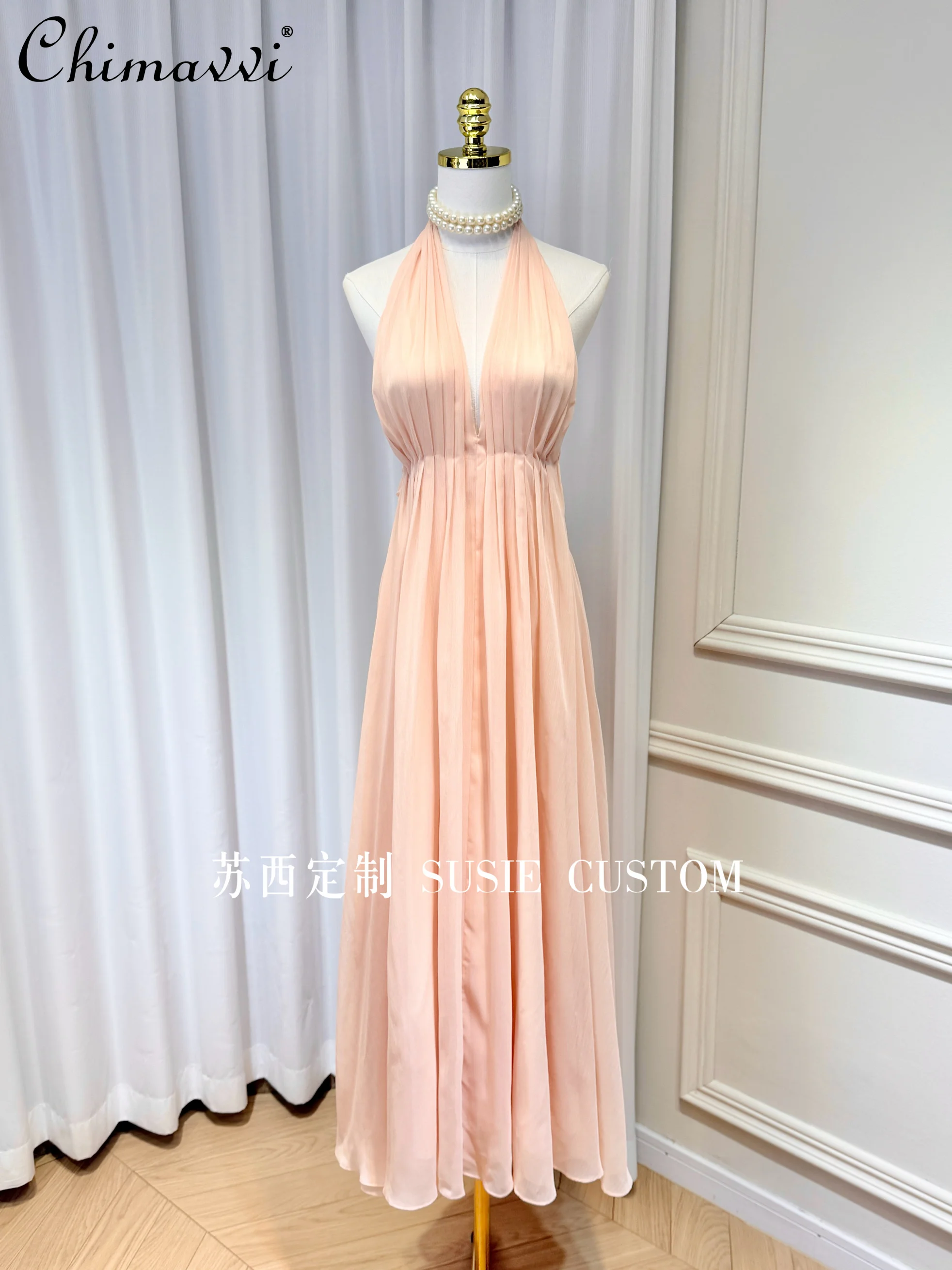 

French Elegant High-end Sexy Deep V-neck Sleeveless Backless High Waist A-line Vacation Evening Party Long Dress Women Summer