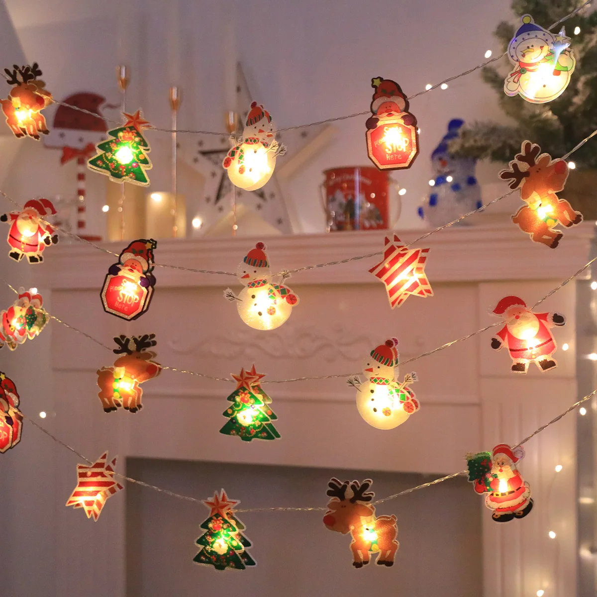 Christmas LED String Lights, Battery Powered(No Battery) 10/20LED, Santa/Snowman/Tree Design, Xmas Party Home Decoration Gift