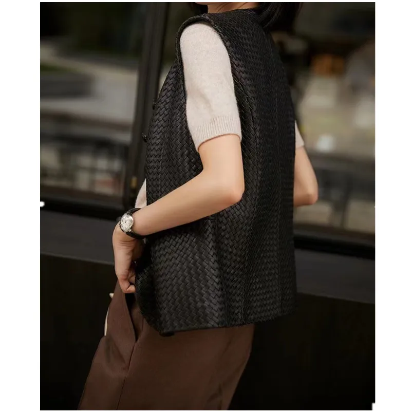 Leren Vest Dames Lente En Herfst Dames Casual Mouwele Schapenvacht Vest Vest Alle Hand Geprepareerd Klein Vierkant Geruit Vest