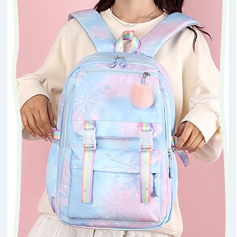 

Multicolor Nylon Backpack Multiple Pockets Large Capacity Students School Bag with Pendant Lightweight School Backpack Daily