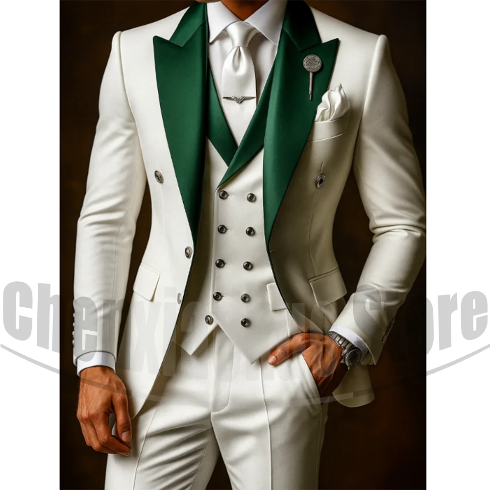 

Men's White Three Piece Tuxedo Set with Green Satin Peak Lapel Formal Fashion Outfit Chic Wedding Groom Prom Party Male Suit