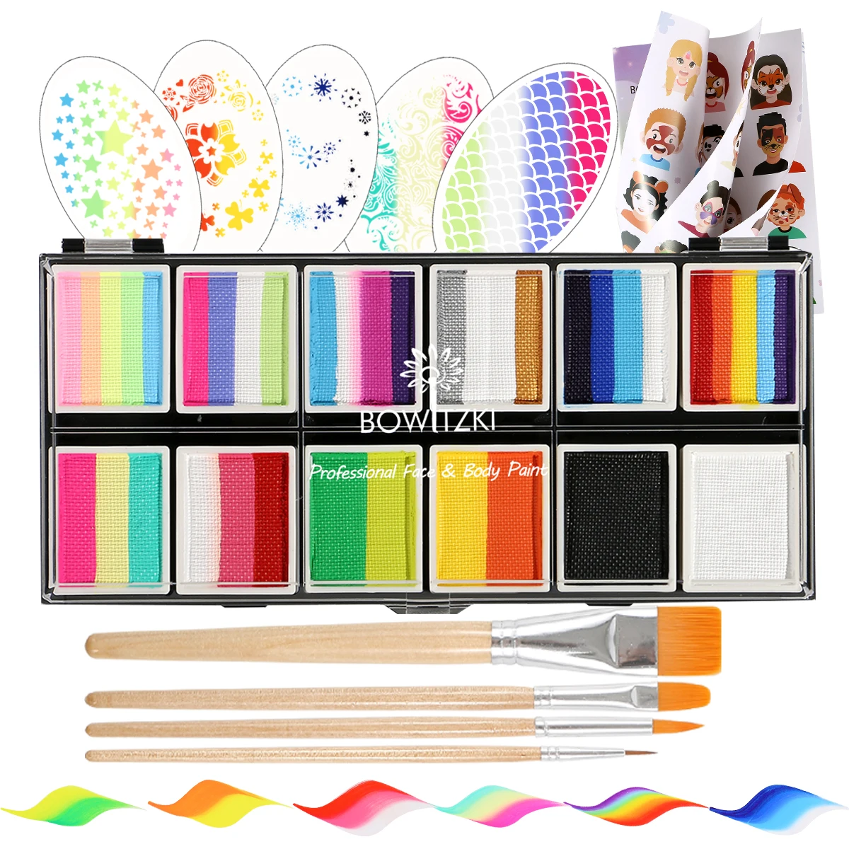 

Bowitzki Professional Bright Set Face Paint And Body Paint for Kids Adults 12x10gm One Stroke Split Cake Rainbow Halloween