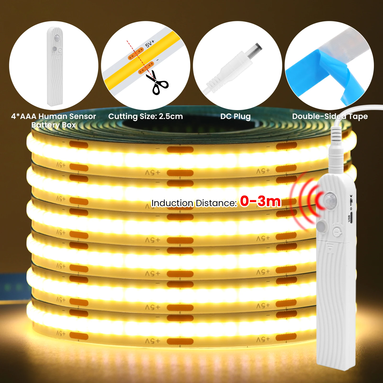 DC 5V COB LED Strip 8mm Battery USB Powered With Motion Sensor 320LEDs/M Induction Night Light for Stair Under Bed Cabinet Light