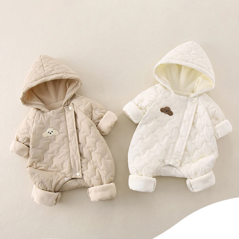 MILANCEL Autumn Winter Baby Clothes Newborn Thick Jumpsuit 0-2Y Boys Fleece Lining Warm Romper Toddler Girls Cute Hooded Outwear