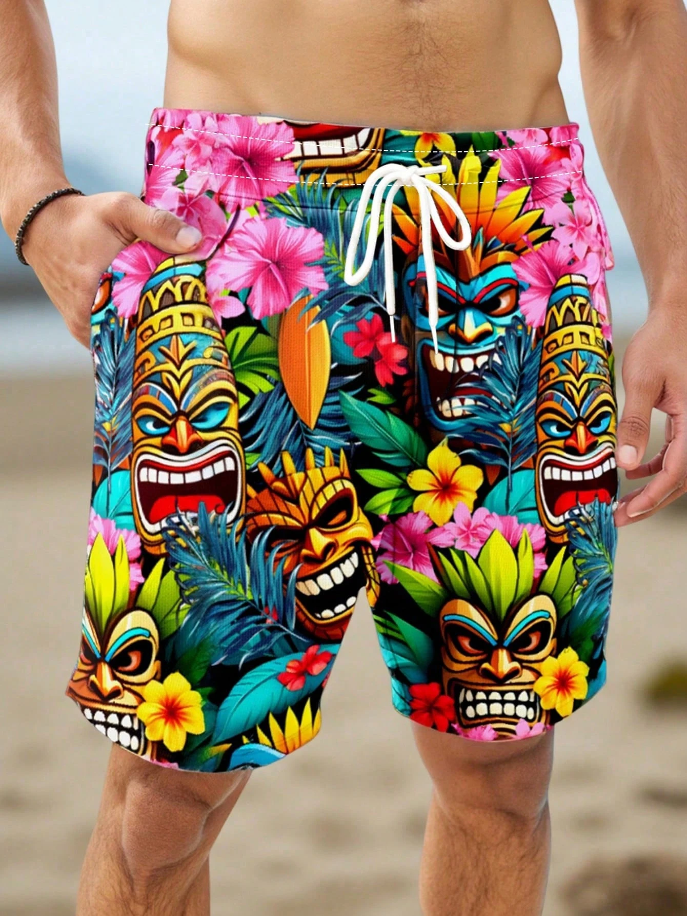 

Men's Tiki Mask Hawaiian Swim Shorts Tropical Floral Print Quick Dry Beach Board Shorts Casual Summer Vacation Swimwear
