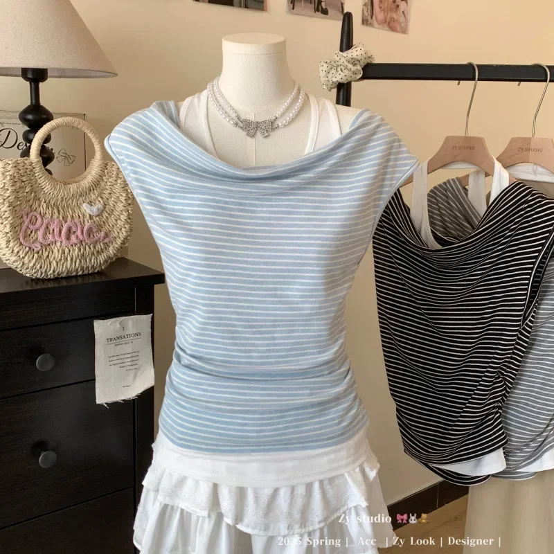 

Pop Korean Color Block Striped Halter Neck Fake Two-Piece Women's Summer Fashion Slim Fit Short Sleeve T-Shirt Floral Lace Sleev