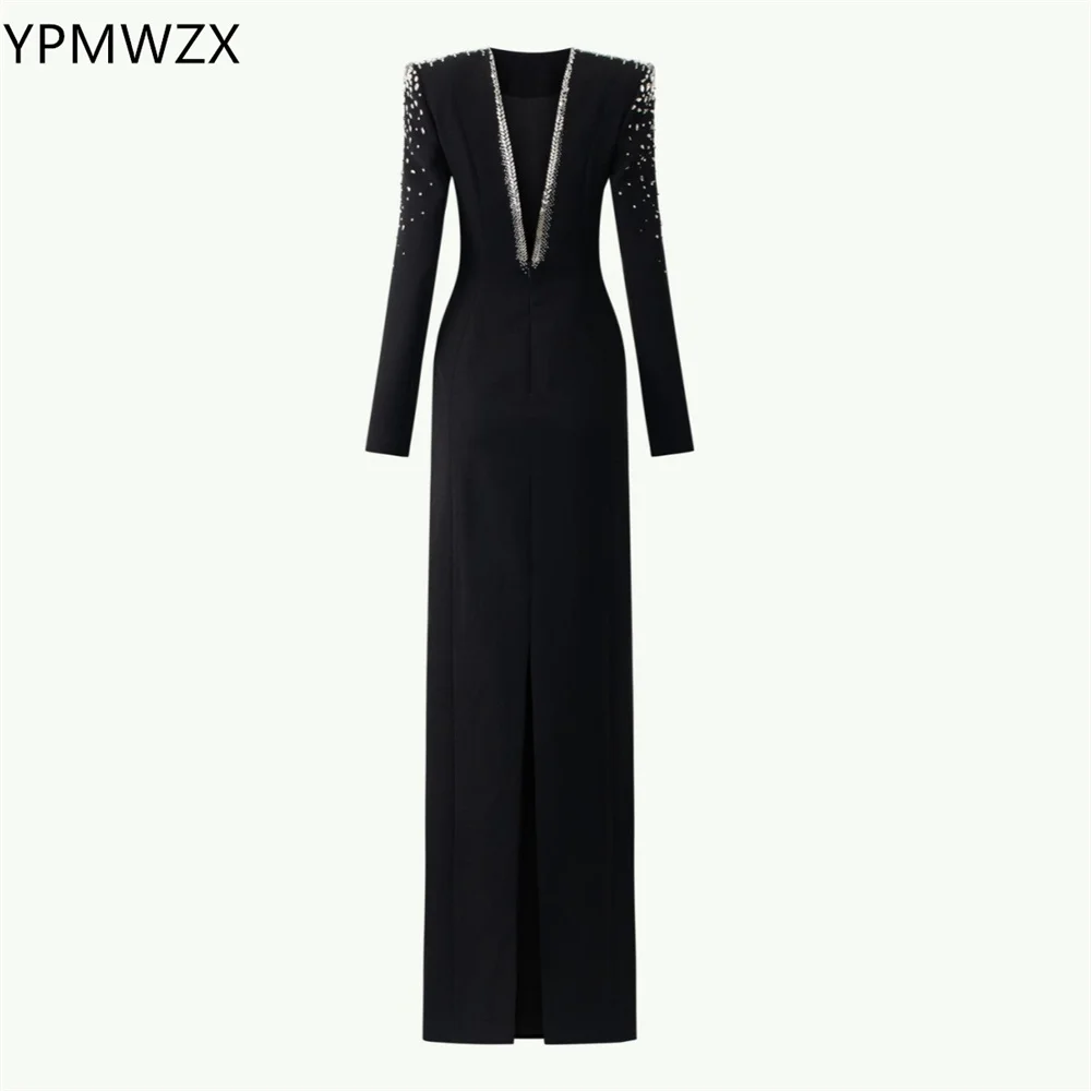 

Customized Prom Gown Evening Formal Dress Party Occasion YPMWZX V-neck Column Floor Length Skirts Bead Bespoke Dresses