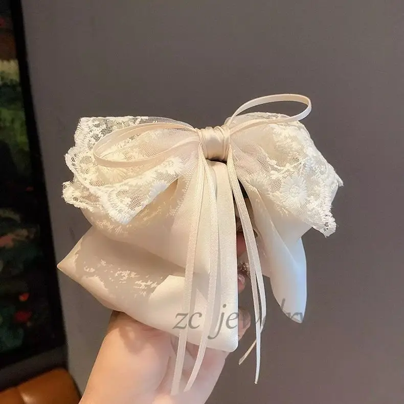 

French soft beige lace bow for women fashionable and exquisite satin all season elegant hair clip accessories