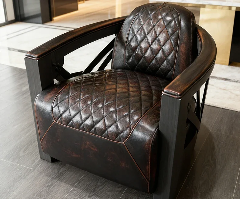 YJ Medieval Solid Wood Sofa Chair Retro Oil Wax Leather Single Sofa Villa Recliner Leisure Chair Living Room Bar Cigar Chair