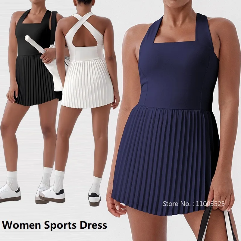

Women's Tennis Dress Summer Sleeveless Halter Workout Dress Athletic Sleeveless Pleated Active Skirts Built in Shorts & Bra
