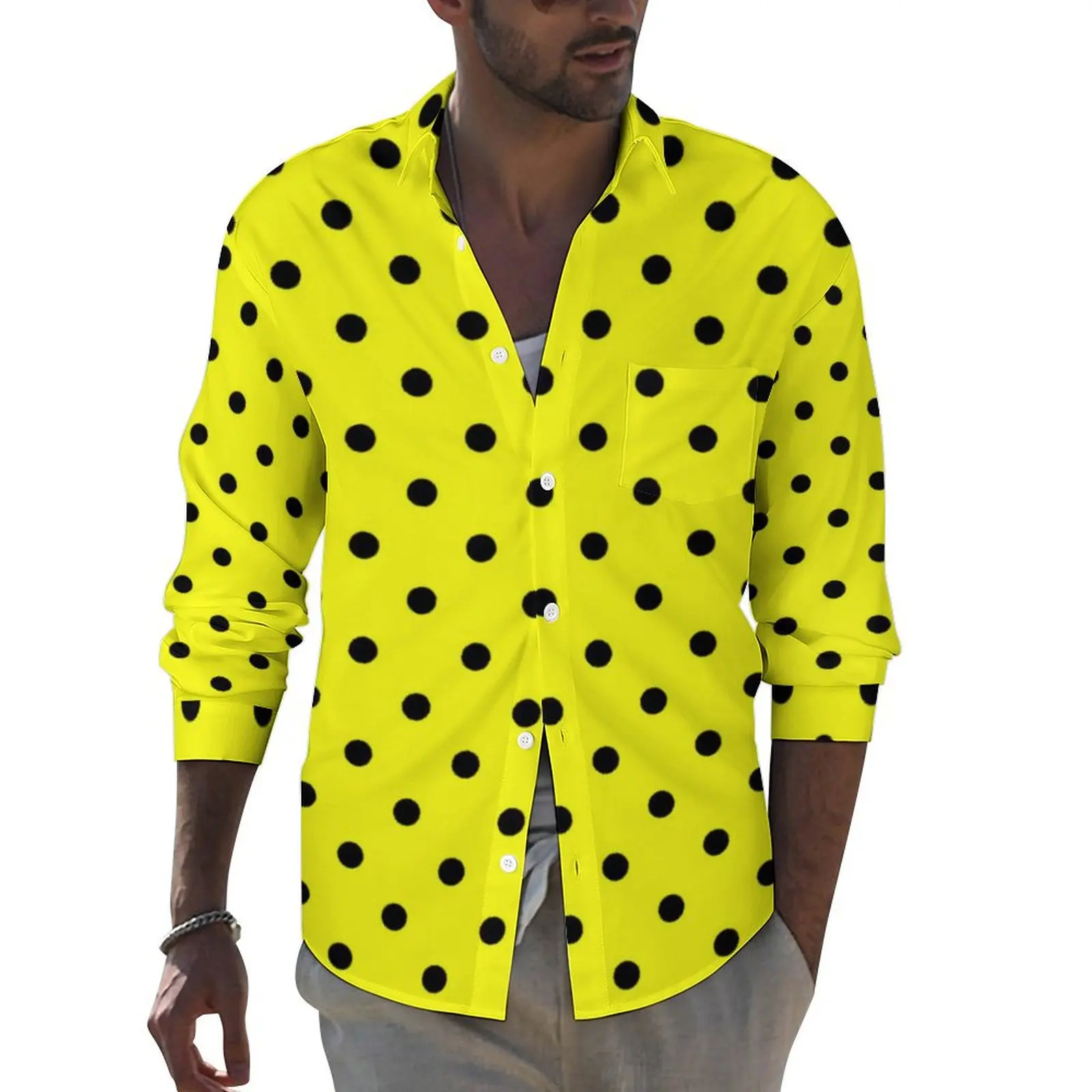 Yellow Polka Dot Shirt Men Black Spots Print Casual Shirts Spring Design Blouses Long Sleeve Novelty Oversize Clothing Gift Idea