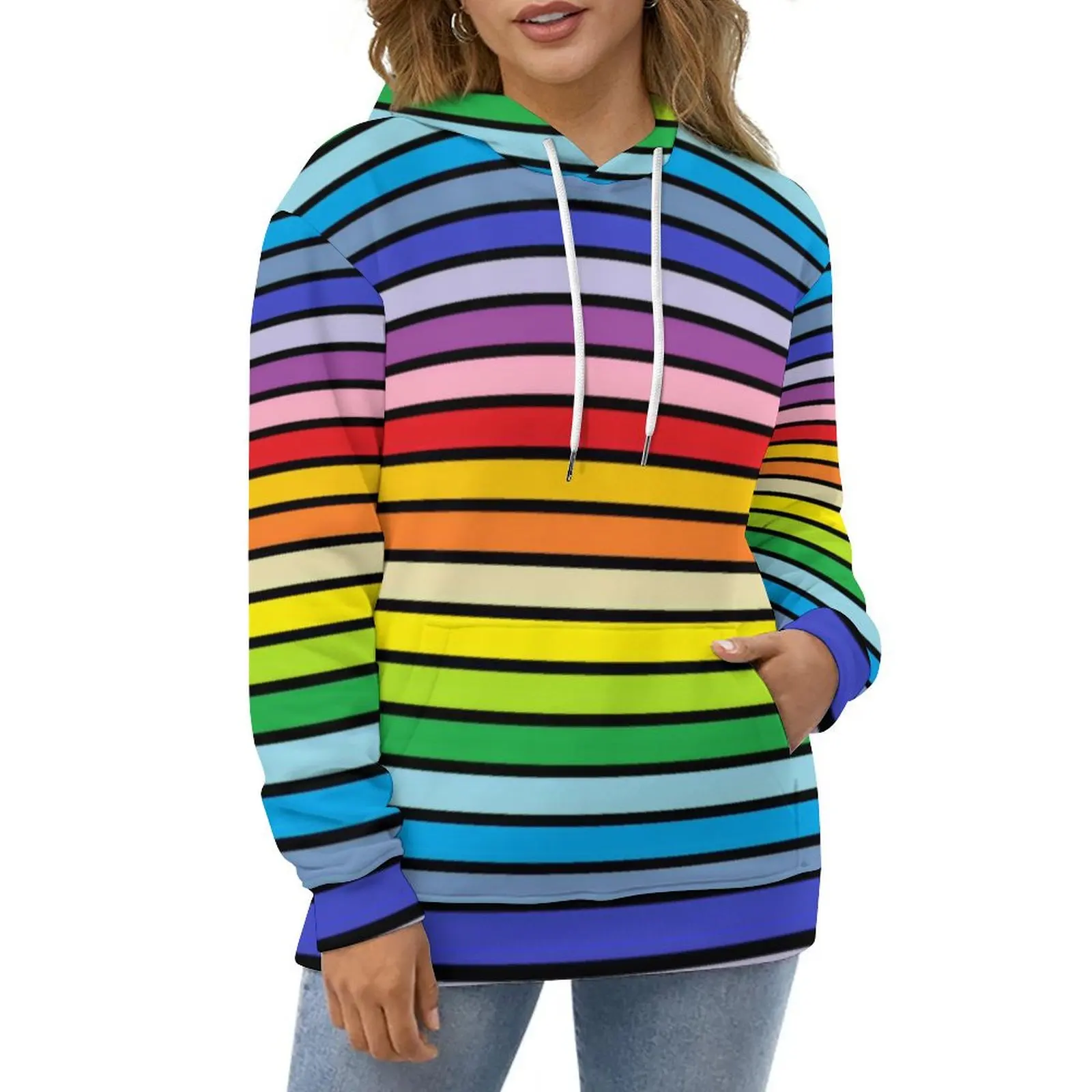 

Rainbow Stripes Casual Hoodies Black Outlined Broader Spectrum Hoodie Couple Long-Sleeve Street Style Loose Oversized Clothing