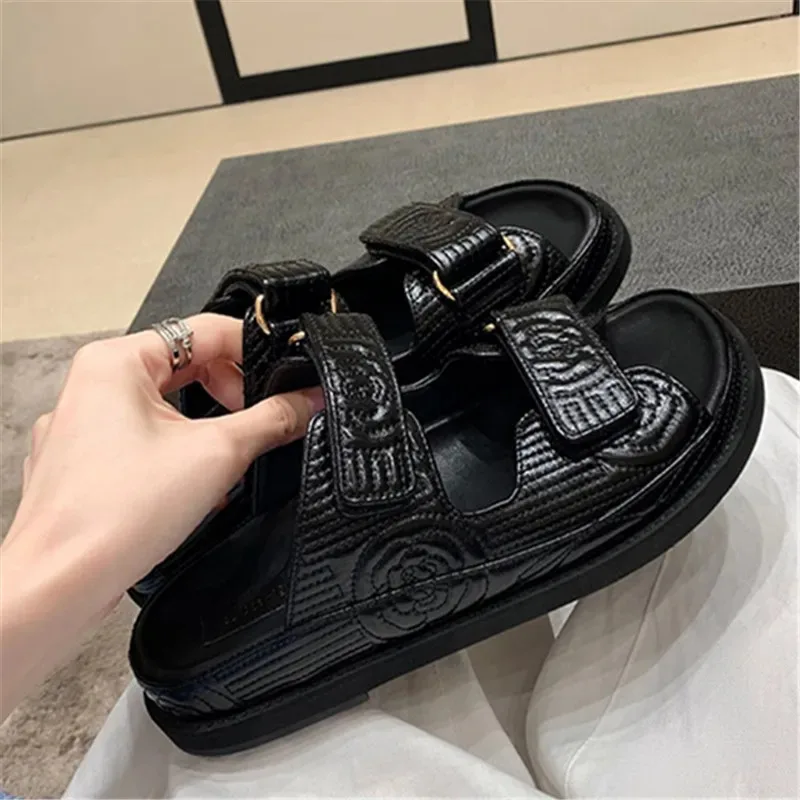 Women Leather Xiaoxiang Style Sport Sandal Shoes Fashion Leisure Thick Soled Roman Sandals Girl Summer Black Simple Dark Fringe