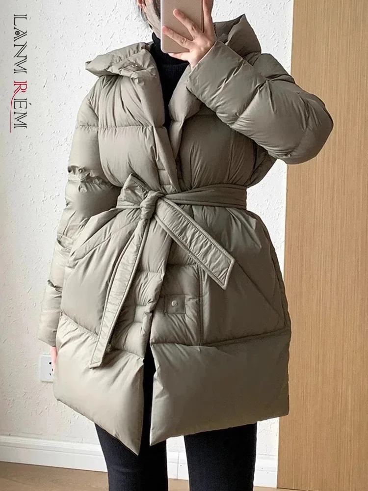 [LANMREM] Fashion Winter Duck\'s Down Warm Cotton Padded Coat Women\'s Hooded Belt Gathered Waist Jackets Fashion New Clothing