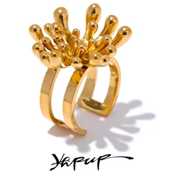 Yhpup Trendy Stainless Steel Flower Open Ring Rust Proof Metal Gold Color Personalized Alluring Jewelry Gift