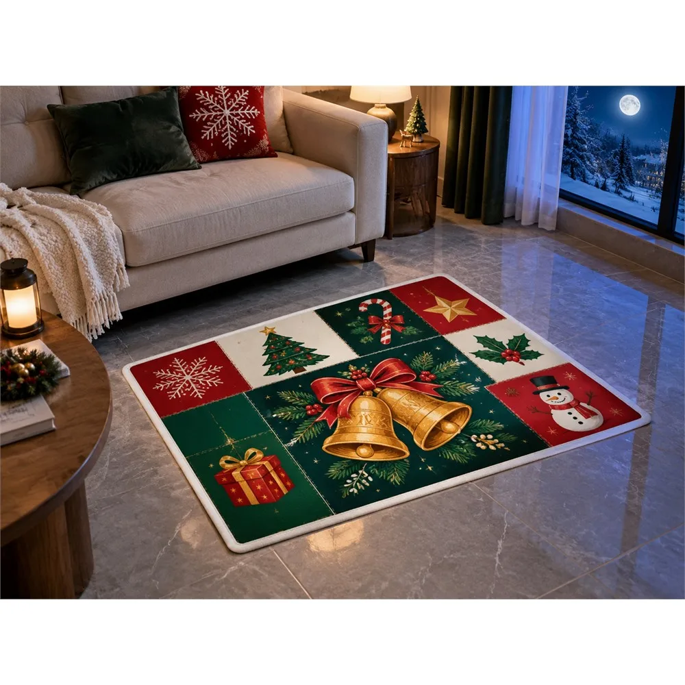 VIKAMA Christmas Pine Gold Bell Flannel Door Mat, Washable Quick Dry Xmas Mat, Christmas Decor for Front Porch, Entryway