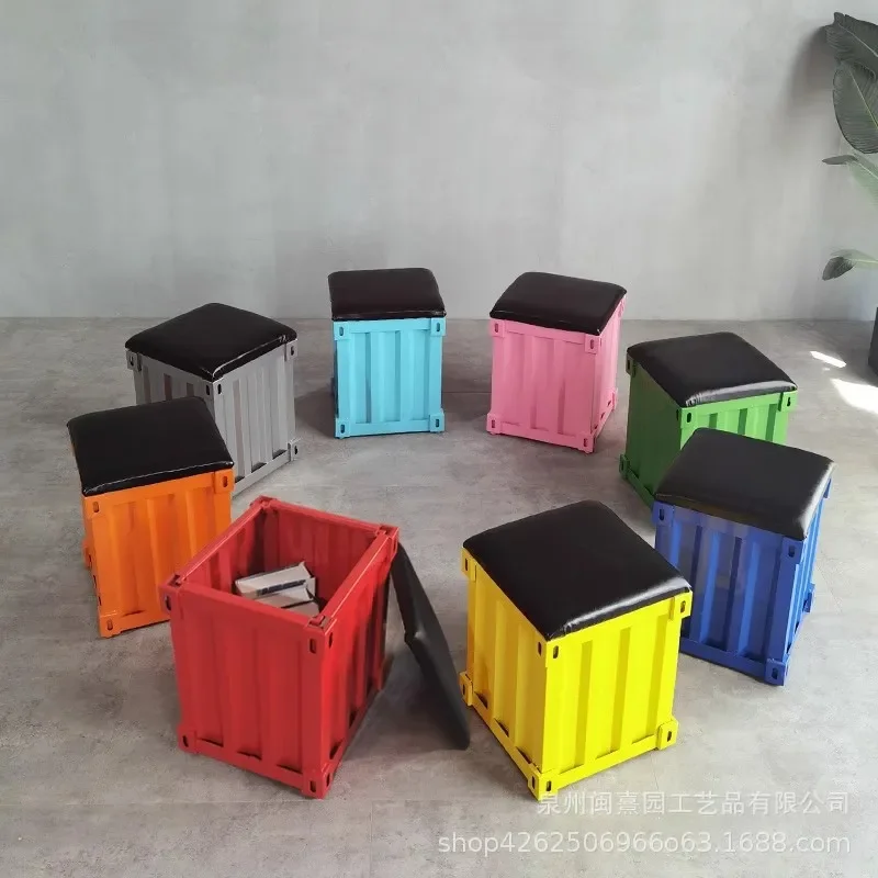 Retro Industrial Style Container Stool Creative Wrought Iron Square Storage Ottoman for Restaurant Home Decor Sit and Store