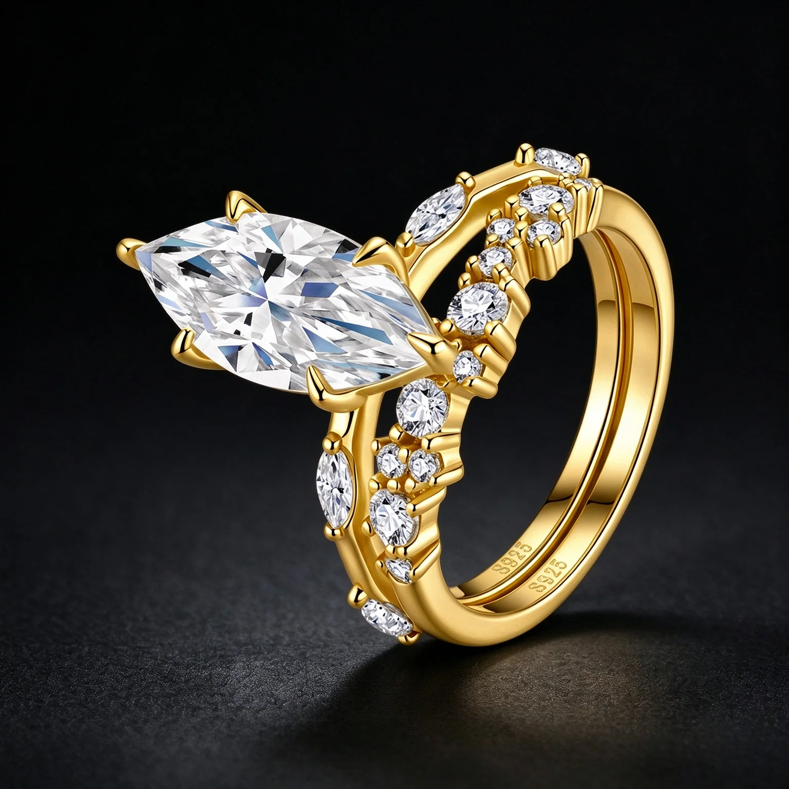Marquise Cut D Color Moissanite Ring 3.5CT S925 Sterling Silver With 18K Real Gold Plated Pave Side Stones Elegant Engagement Bridal Wedding Band Luxury Promise Ring Crown Split Shank Design Fine Handcrafted Lady Jewelry Gift For Her Sparkling Clear Gem