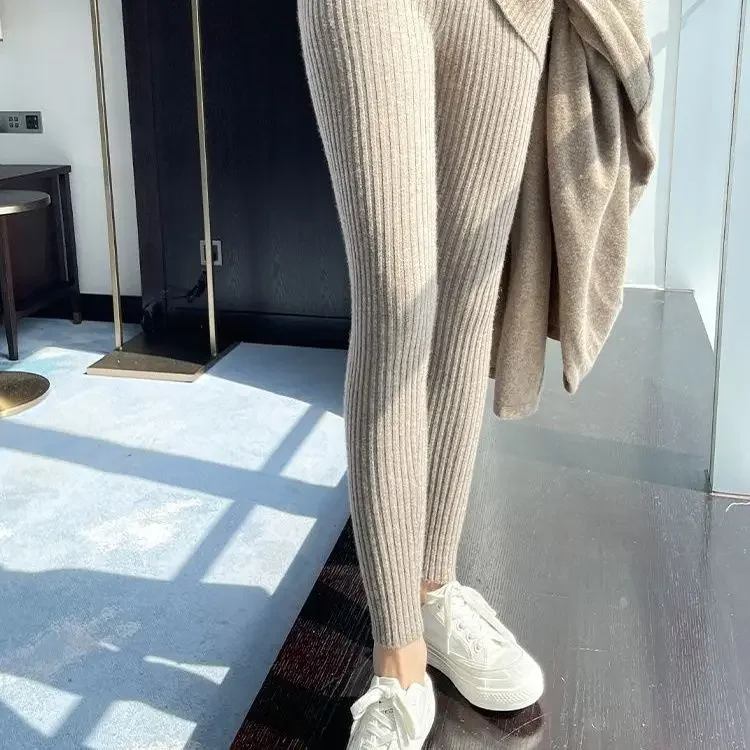 Slim Leggings Autumn Women High Waist Casual Trousers Knitted Ribbed Thicken Solid Elasticity Thermal Ankle-Length Leggins