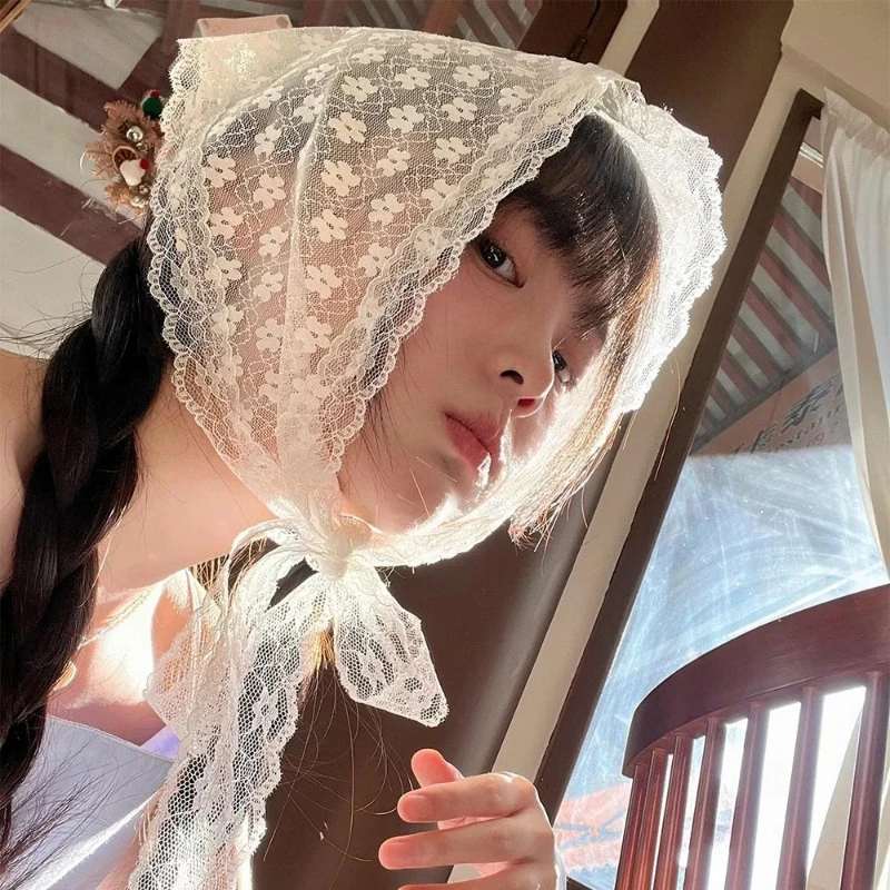 Lenço triangular de renda branco, lenço de cabeça tipo turbante, faixa de cabelo para fotos de viagem, acessórios para cabelo, adequado para mulheres e meninas, 1 peça