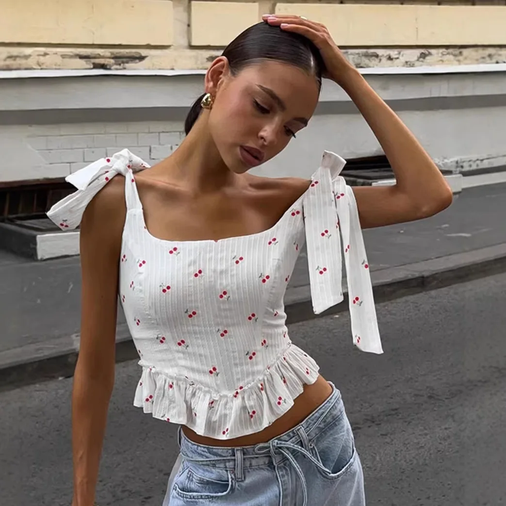 

Fashionable Sexy Short Printed Crop Top Women's Vest Cross-Border Ultra-Thin Polyester Summer Outfit for Young Women