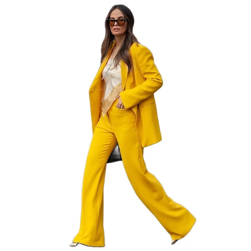 Stunning Yellow 2 Pieces Womens Suits Sets One Button Slim Fit Daily Streetweart Customized Flare Pants Office Lady Blazer