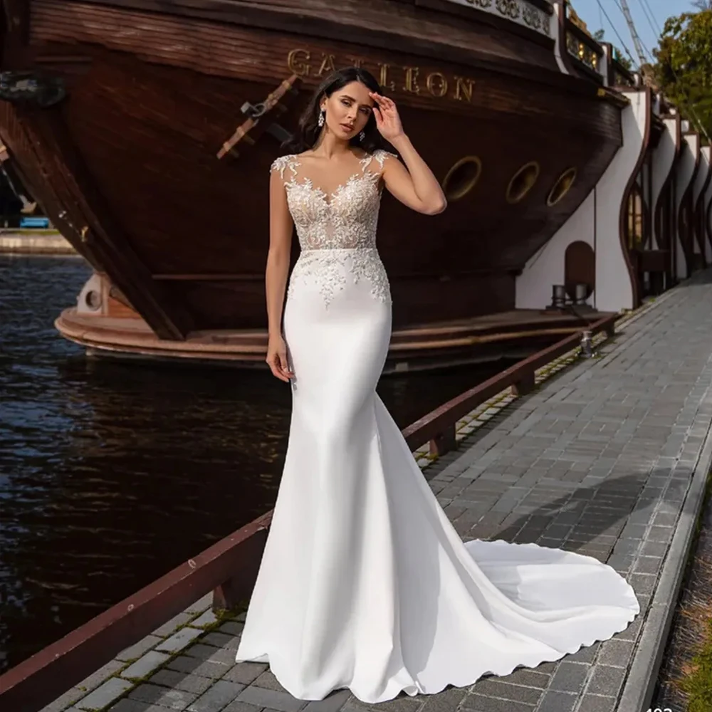 Simple Wedding Dresses Bridal Long A Line Backless Elegant Deep V-neck Sleeveless Lace Mopping Beach Bride Gown Sweep Train 2023