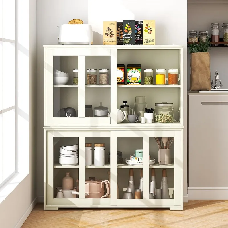 

Sideboard Buffet Cabinet, Stackable Storage Coffee Bar Cabinet w/Adjustable Shelf & Glass Sliding Doors, Wood Cupboard Cr