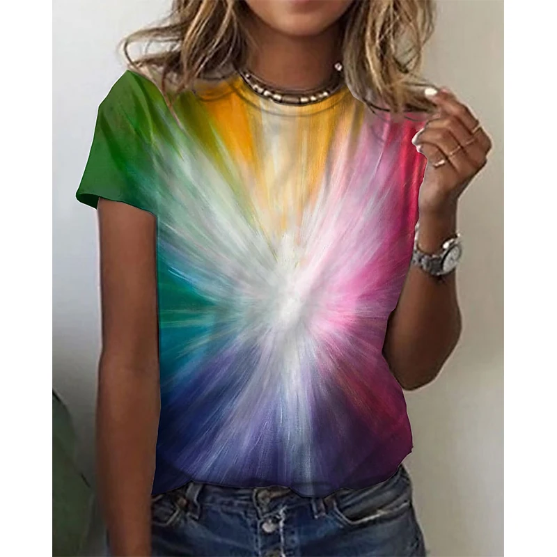 Color Block Rainbow 3D Print Women's T-Shirts Casual O-Neck Short Sleeve T Shirt Harajuku Top Oversized Y2k Tees Female Clothing