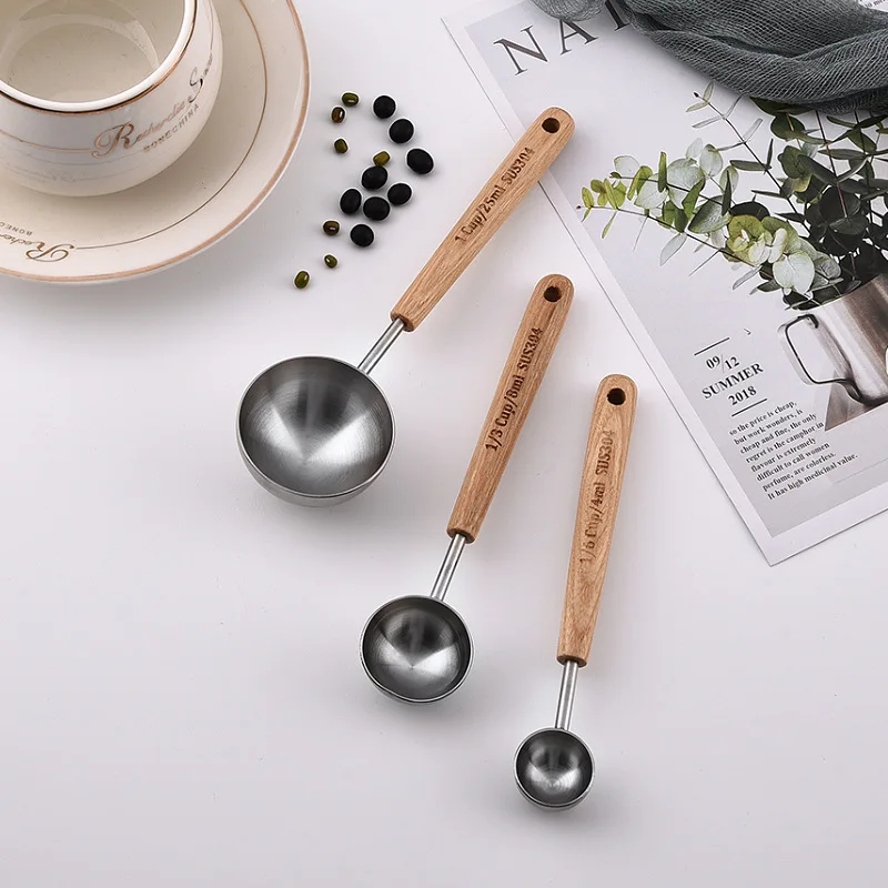 

304 Stainless Steel Wooden Handle No Powder or Rust Coffee Powder Measuring Spoon Seasoning Water chestnut handle Measuring Cup