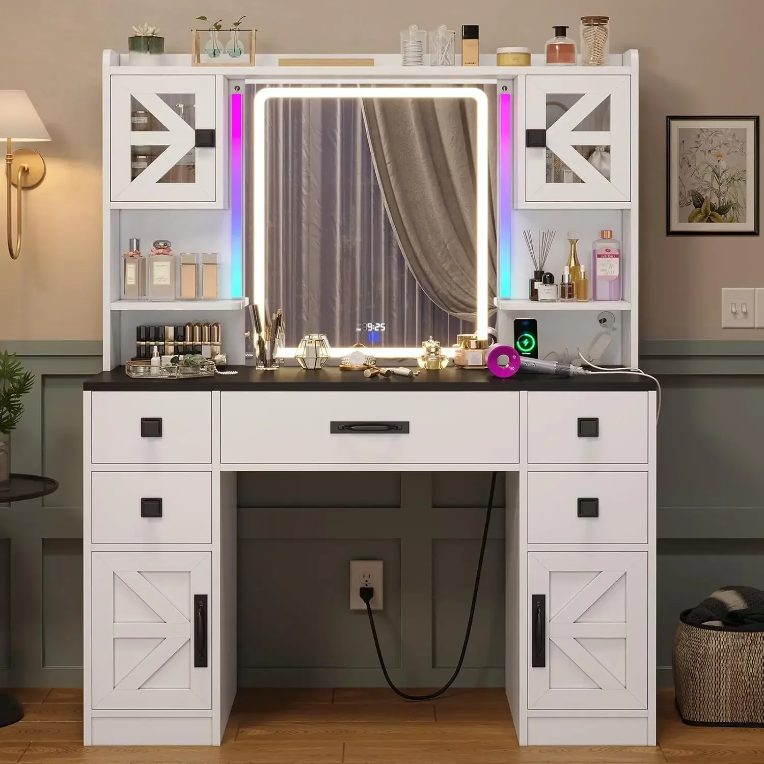 Tiptiper Farmhouse Vanity Desk with RGB Light Bars & Charging Station, Makeup Vanity with Digital Clock in 12-Hour Mode