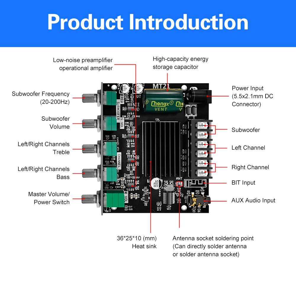 ZK-MT21 2.1 채널 BT 5.0 서브우퍼 앰프 보드 DC12~24V 50W X 2+100W 파워 오디오 스테레오 앰프 보드 베이스 AMP AUX