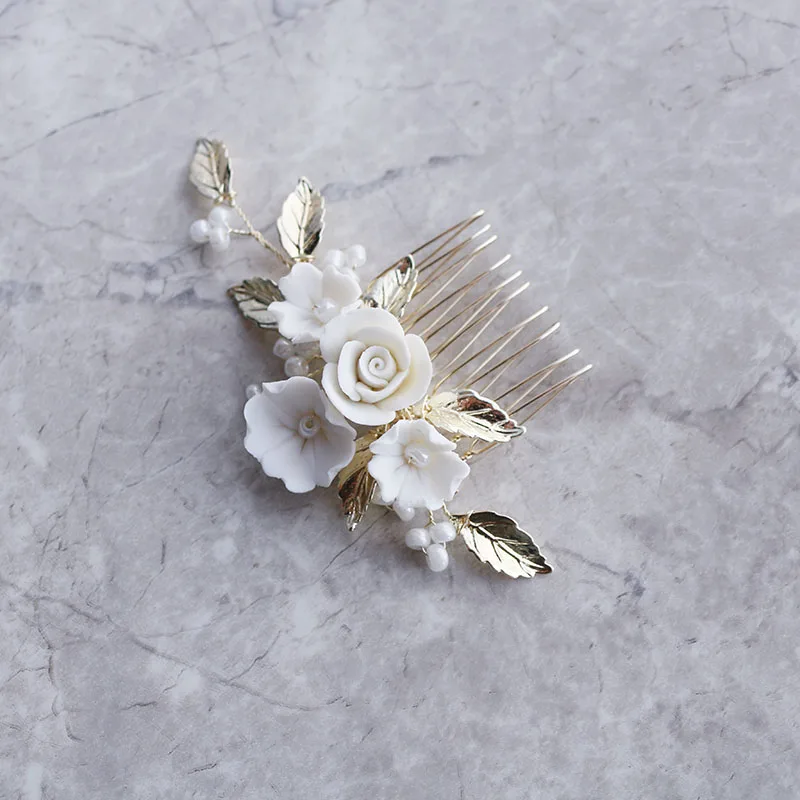Simple ceramic flower big flower inlaid millet beads handmade women bridal headdress hair comb hair insert wedding accessories
