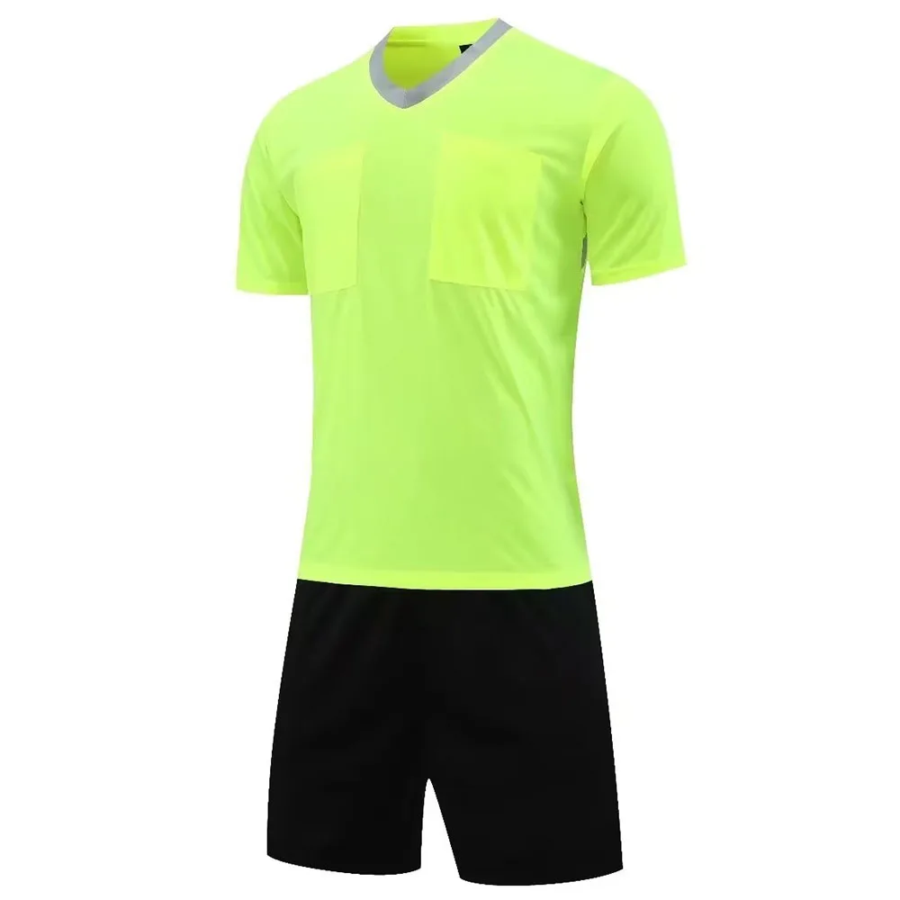 Men Referee Soccer Jersey Sets Professional V-neck Football Referee Uniform Short Sleeve Match Judge Pockets Shirt And Shorts