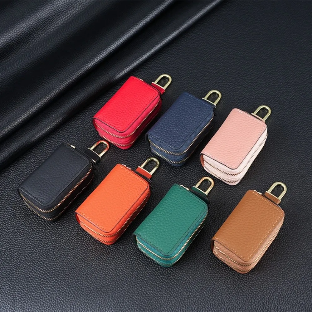Unisex Double-Layer Car Key Bag Lychee Pattern Top Layer Cowhide Car Key Protection Case Organizer Portable Car Key Wallet