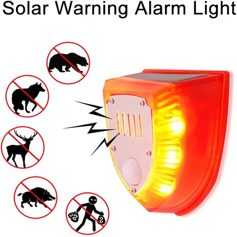 

Solar Security Alarm Lights 129dB Gunshot Sounds Dog Barking Sound Light Strobe Warning Lamp for Outdoor Farm Barn Courtyard