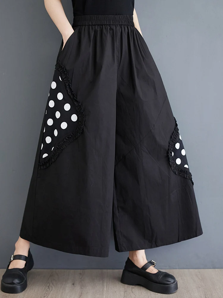 Black Vintage Polka Dot Print High Elastic Waist Wide Leg Pants Women 2024 Summer New Casual Loose Trousers Fashion Streetwear