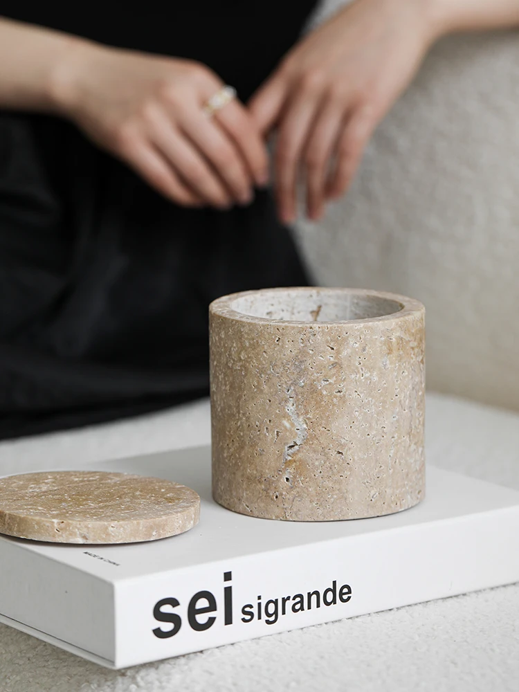 Natural Travertine Stone Cotton Swabs Holder Box Round Marble Salt Sugar Spice Storage Container Jar Makeup Brush Holder