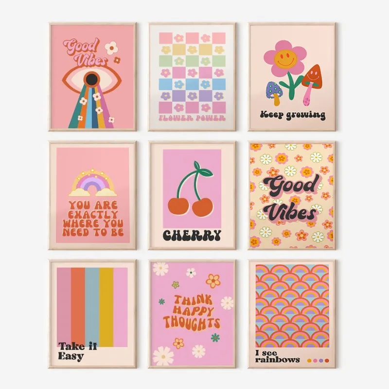 Retro Pink Aesthetic Good Vibes Rainbow Poster Funky Groovy Preppy Canvas Painting Girly Wall Art Dorm Living Room Home Decor