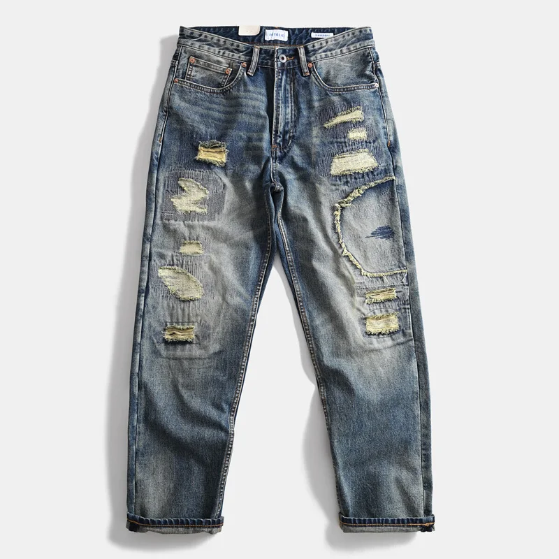 

Autumn Distressed Washed Loose Straight Jeans for Men Retro Japan Workwear Denim Pants for Men (Vintage Ripped Casual Trousers)
