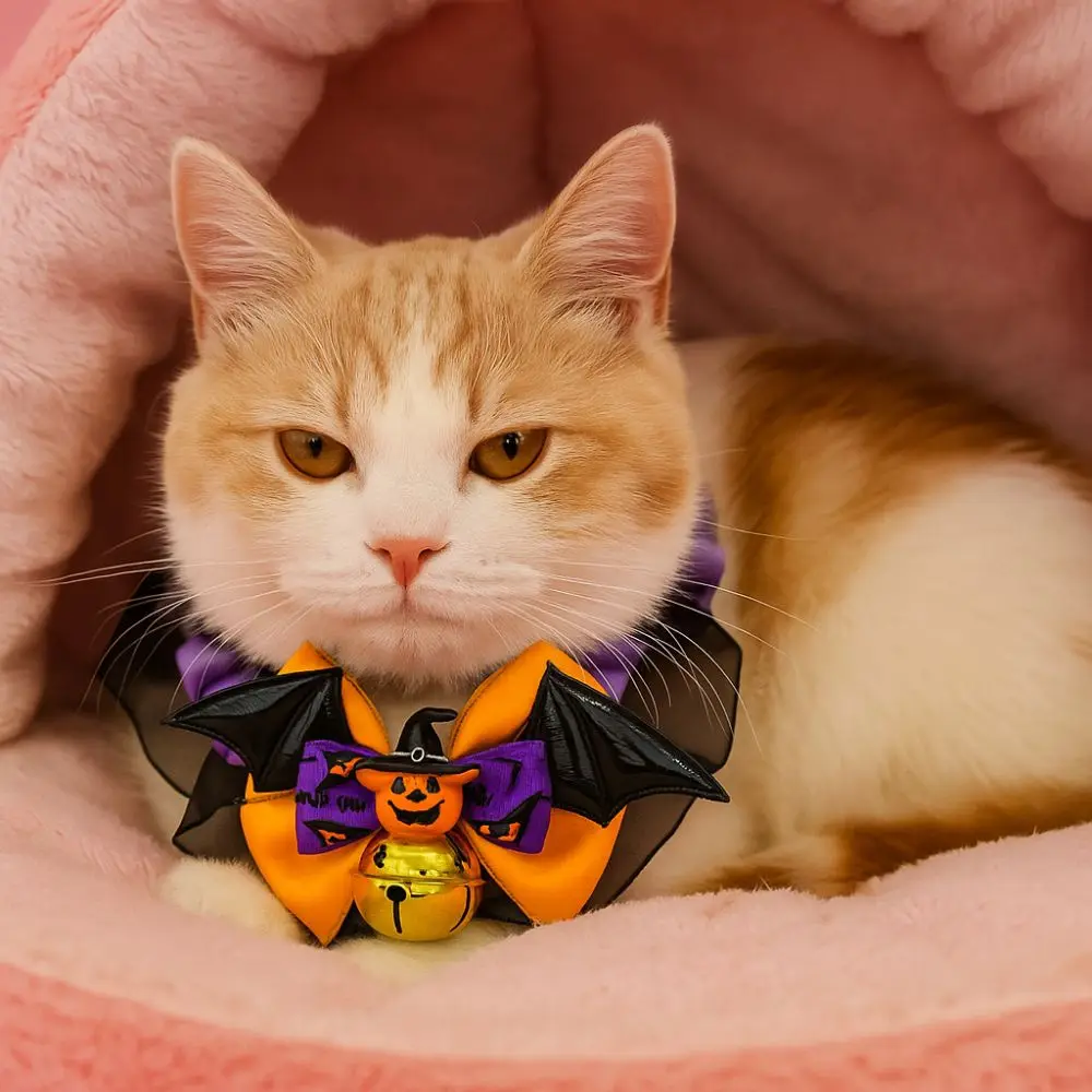 

Cute Adjustable Halloween Cat Collar Soft Lace Puppy Bat Bow Tie with Bell Dog Pumpkin Bow Collar Pet Show