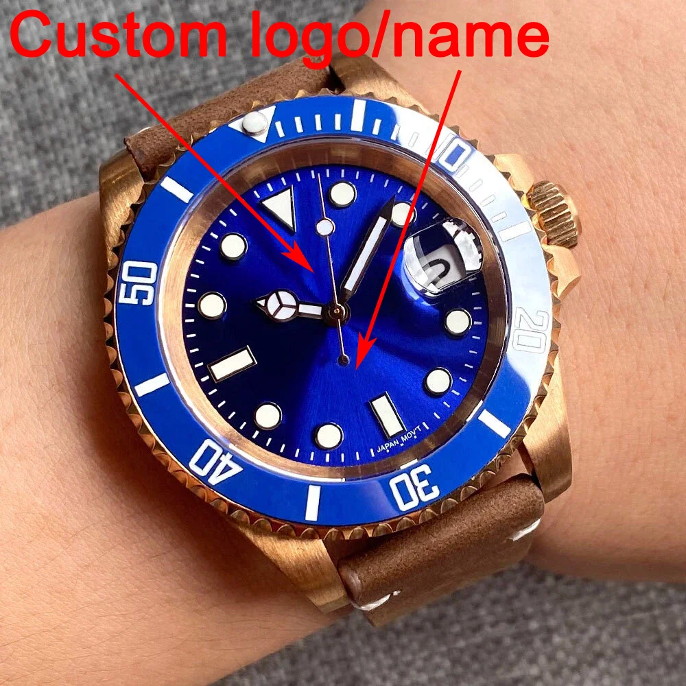 Customized Automatic Men Watch 40MM CUSN8 Bronze Case NH35 Movement 200m Waterproof Sapphire Glass Green/Blue Dial Leather Strap