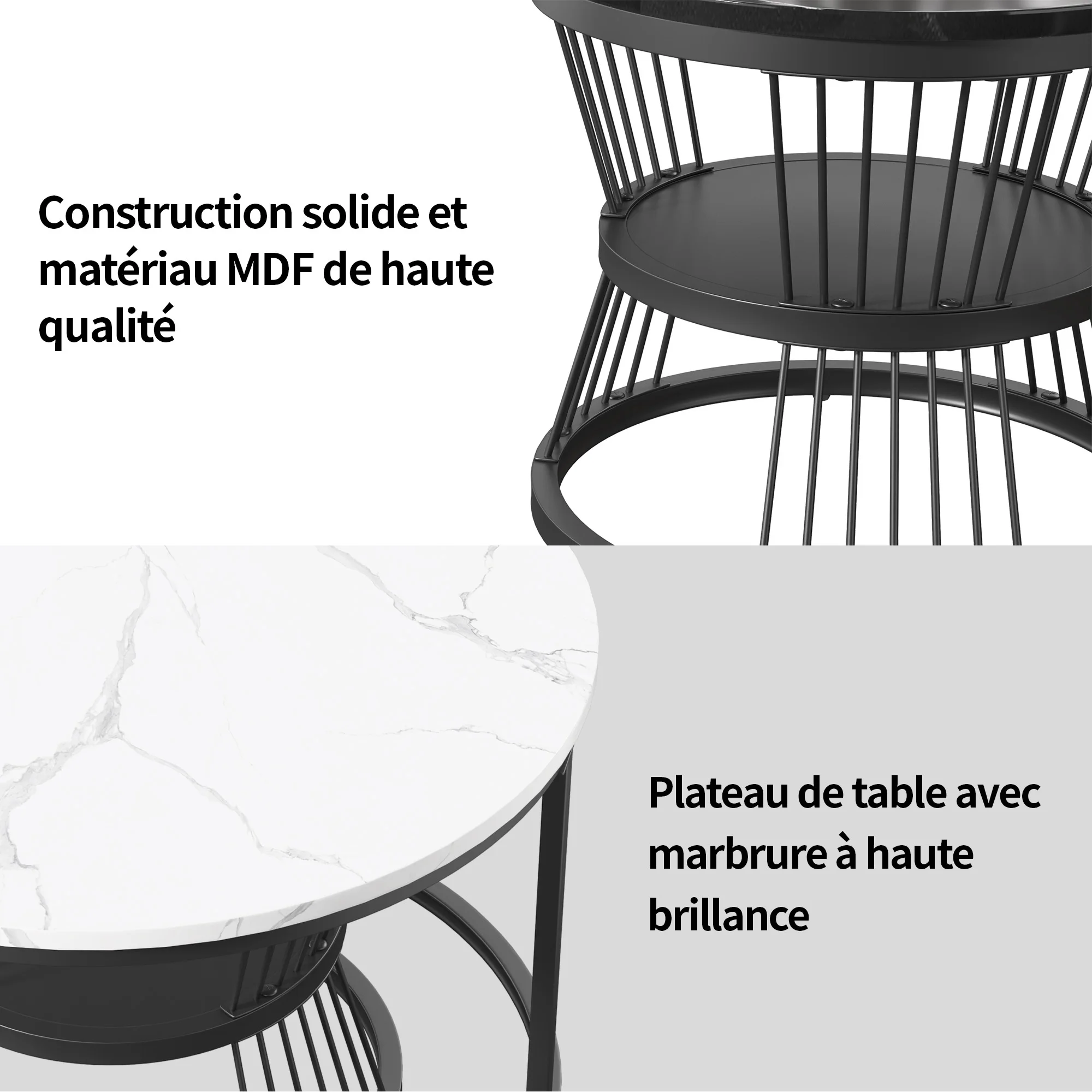 Okrągły stolik kawowy, zestaw 2-suwowych nowoczesnych stolików kawowych ze sztucznym marmurowym blatem, czarna metalowa rama Czarno-biały stół do