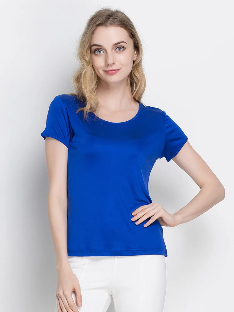 SuyaDream Woman Silk T shirt Knitted Real Silk Short Sleeved O neck Solid Basic Tee Simple Summer Top Black White
