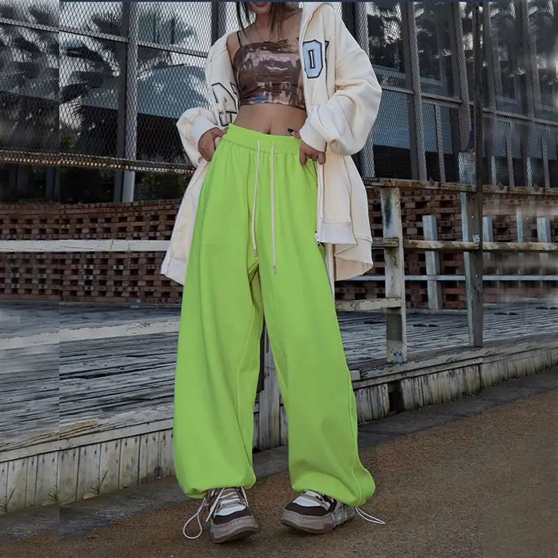 Streetwear Vintage Elastic High Waist Wide Leg Pants Women Solid All-match Fashion Straight Hip Hop Loose Dance Sports Trousers