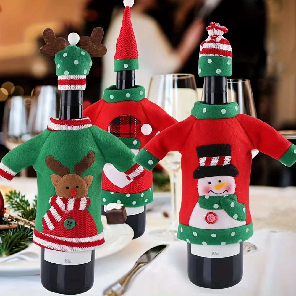 3 Styles to Choose From, 1 Set of Holiday Christmas Wine Bottle Covers - Invisible Sweater Design Decoration, Featuring Santa Claus, Reindeer, and Snowman, No Electricity Required, Perfect for Holiday Party Decorations, Christmas Decorations