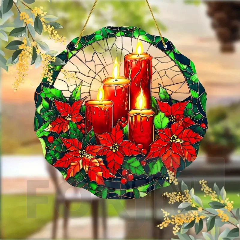 Classic Christmas Candle Acrylic Suncatcher-Round Translucent Hanging Ornament Sign-Home,Party,Bar,cafe,Room,window Decor